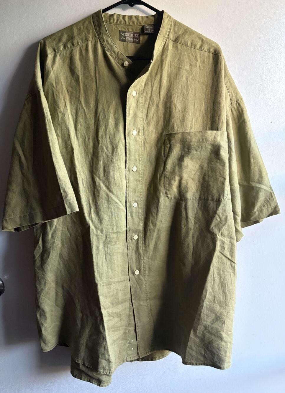 Vintage Structure 100% Linen Band Collar Shirt Short Sleeve Olive Green Mens XL
